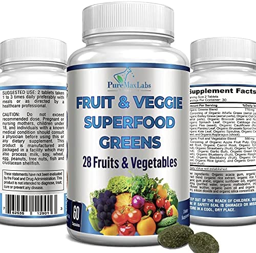 Fruit and Veggie Superfood Greens - 28 Fruits and Vegetables incl. Alfalfa, Barley Grass, Spirulina, Beet Root, Tart Cherry, Blackberry, Concentrated Natural Antioxidants, non-GMO formula - 60 Tablets