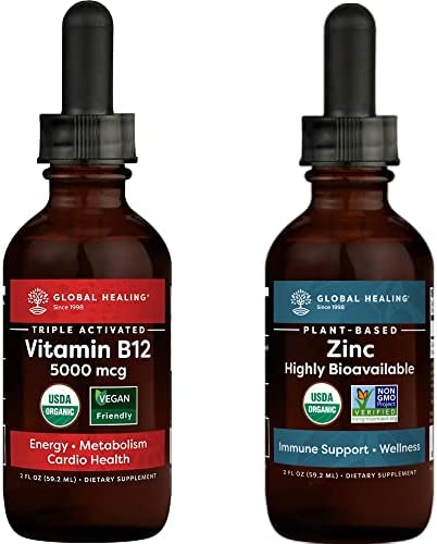 Global Healing Tri-Blend 5000mcg & Zinc Kit - Sublingual B12 Vitamin Drops for Thyroid and Energy, Mood, Heart Health & Organic Liquid Supplement Supports Immune System & Cell Growth - 2 Fl Oz Each