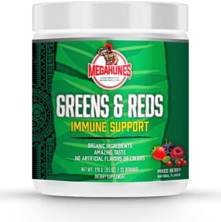 MEGAHUNES - Greens & Reds Immune Support - Dietary Supplement - with Prebiotics and Enzymes - for Immune System Support, Energy, and Digestion - Organic & Gluten-Free - Mixed Berry - 35 Servings