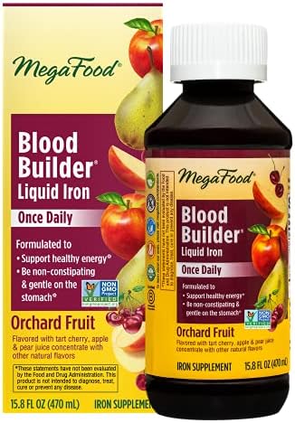 MegaFood Blood Builder Liquid Iron - Iron Supplement with Vitamin B12 Clinically Shown Increase Iron Levels Without Constipation - Healthy Energy Levels - Non GMO, Vegan- 15.8 Fl Oz (47 Servings)