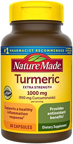 Nature Made Extra Strength Turmeric Curcumin with Black Pepper, 1000mg Turmeric extract (950mg Curcuminoids) per serving, Supports Healthy Inflammation Response, 60 Vegetarian Capsules, 30 Day Supply