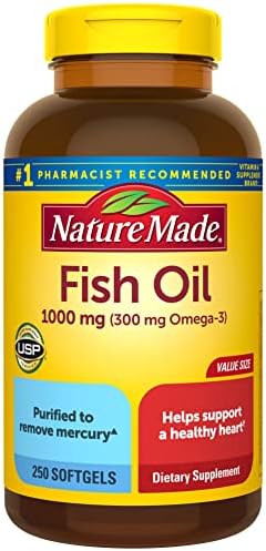 Nature Made Fish Oil 1000 mg Softgels, Omega 3 Fish Oil for Healthy Heart Support, Supplement with 250 Softgels, 125 Day Supply