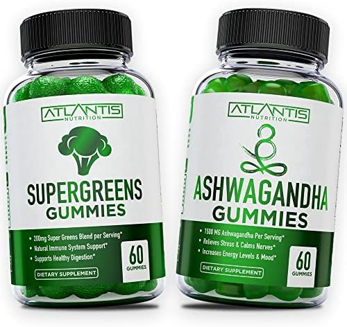 Supergreens & Ashwagandha Gummies - Ashwagandha Relieves Stress & Strengthens Immune System - Delicious Supergreens With Spinach, Broccoli, Beetroot, Green Tea, & Acai for Immune Support - 60 Gummies