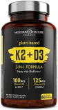 Mother Nature Organics Vitamin K2 + D3 Supplement Plant-Based Vegan D3 (5000iu) with MK7 Vitamin K2 (100mcg) – 60 Vegetable Capsules