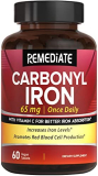 REMEDIATE Carbonyl Iron with Vitamin C, Optimal Absorption, 65 mg Gentle Iron for Men & Women, Energy Support & New Red Blood Cell Formation, Easy on The Stomach, Vegan, Once Daily, Non-GMO, 60 Tabs