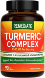 REMEDIATE Turmeric Curcumin, 1200 mg Turmeric Root Extract & Powder, Standardized to 95% Curcuminoids, High Potency Joint Health Support, Enhanced Absorption with Black Pepper, 90 Vegan Caps