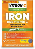 Vitron-C Iron Supplement, Once Daily, High Potency Iron Plus Vitamin C, Dye Free Tablets, 60 Count